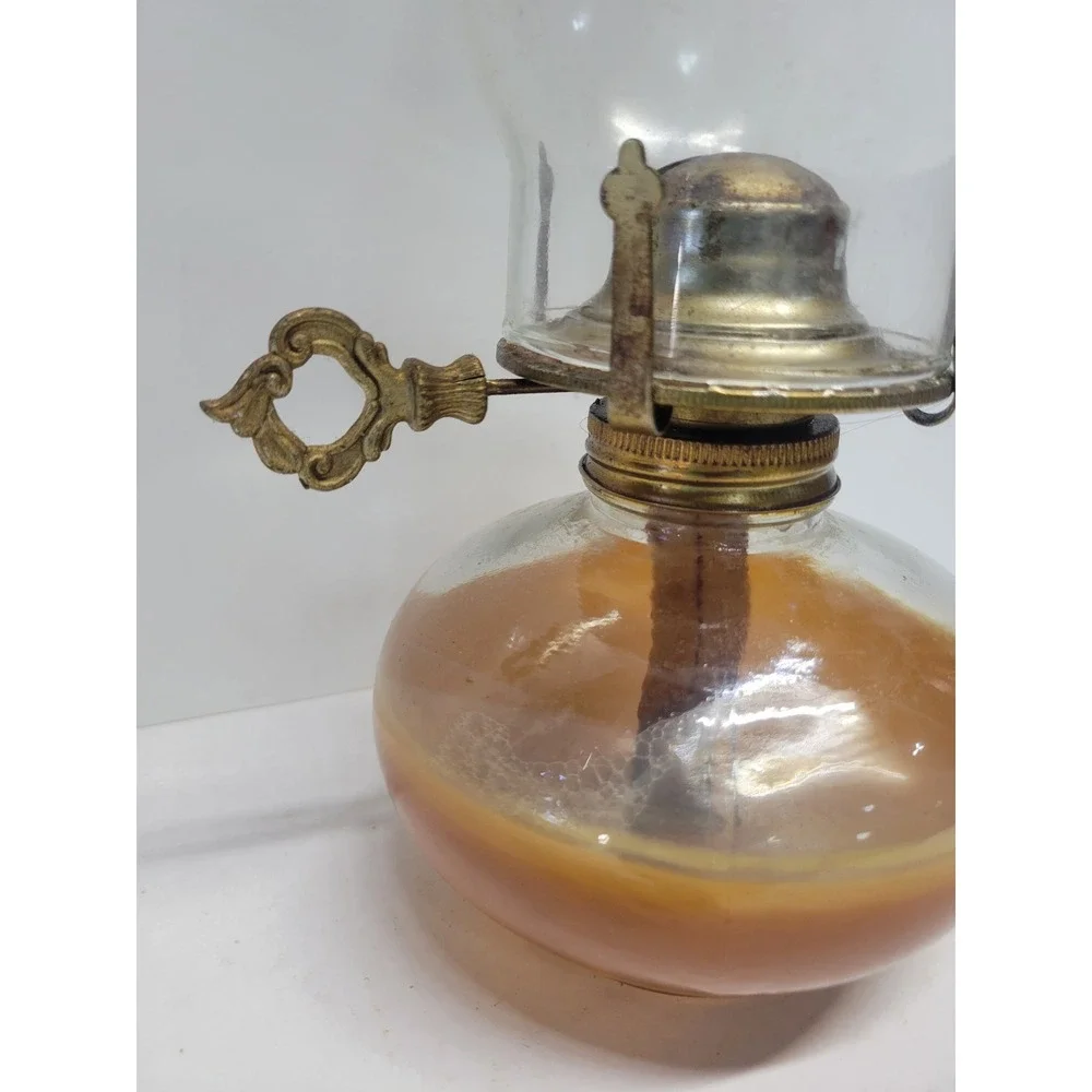 Vintage Amber Glass Oil Lamp with Clear Beaded Chimney 12in‎